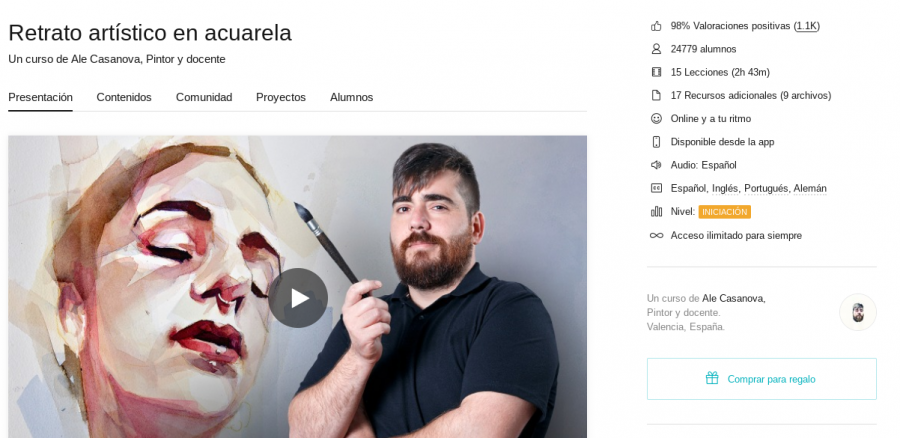 One of the website’s most popular courses directed by well-known Spanish artist Alejandro Casanova. During this course, users are able to understand how to sketch out the basic proportions of the human head, as well as the different things to have in mind when using watercolor.