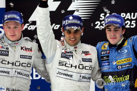 Legendary Colombian Driver, Juan Pablo Montoya (center) Winner of the 2005 Brazilian Grand Prix along with teammate Kimi Räikkonen (left) who ended in 2nd Place and Fernando Alonso from Renault in 3rd Place. (Right).
