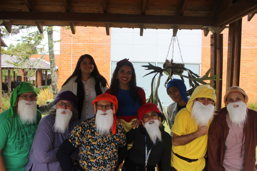 A group of eight Middle School teachers agreed to dress up as Snow White and the Seven Dwarfs and pose for a picture on the Boulevard.