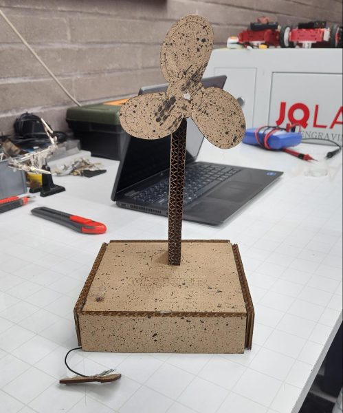A fan prototype is shown in the maker space before heading to 4th-grade classrooms.