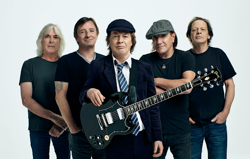 Cliff Williams, Phil Rudd, Angus Young, Brian Johnson and Stevie Young of AC/DC, making history together since 1975.