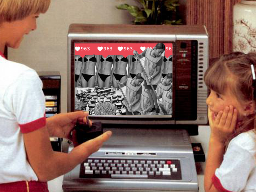 A mother and a daughter watch a television screen depicting Instagram likes, a sweeping housekeeper, the ideal womans bikini body, and empty parliamentary seats.