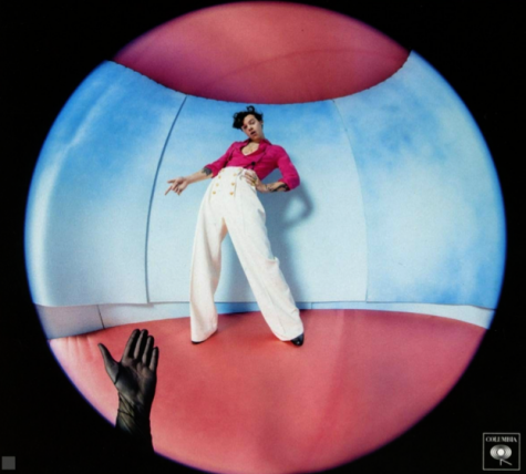 The album cover portrays Styles’ through a fisheye lens. The pointing of the hands draws attention towards the fine line between masculinity and femininity represented by the pink and blue colors. 