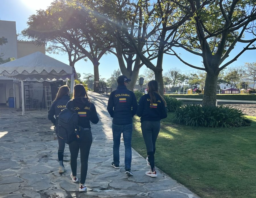 Carla Echavarria and Mariana Torres walk with their two trainers on the first day of FEI Jumping Childrens  Classic February 15-20 in Guadalajara, Mexico.