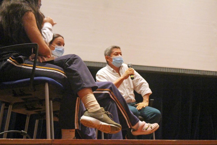 Author Ricardo Aricapa responds to a question from a 10th grade student in the Columbus School Theater on March 14. 