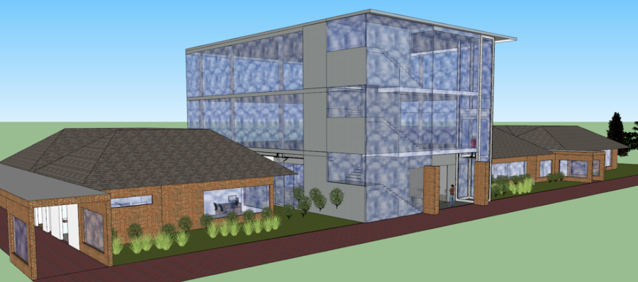 An architectual rendering of the new technology building. 