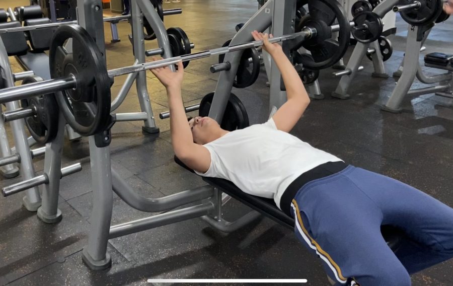 Tomas Saldarriaga, Grade 11, takes a breath before starting a set of bench press exercises at the Body Tech at Mall del Este in Poblado on Tuesday afternoon. “I usually take a big breath before doing any set of exercises. This usually helps me to have more controlled sets,” Saldarriaga said.