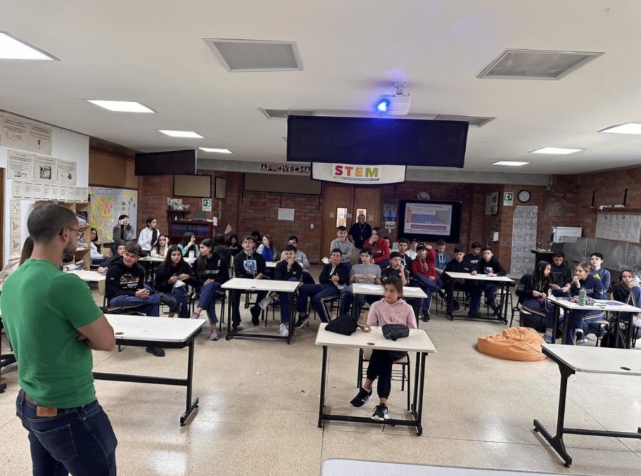 David Murillo lectures a group of middle school students at the MS Career Day on March 21.