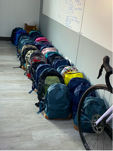 The backpacks collected by the 8th grade students, that are going to be given to the Wayuu community.